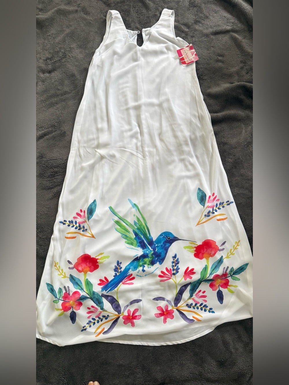 New White Maxi Dress with Colorful Hummingbird Floral Print - fits S and M